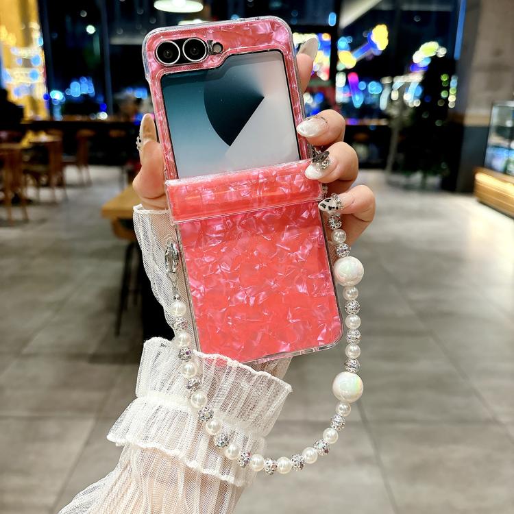 For Samsung Galaxy Z Flip5 Three Parts Pearlescent Shell Texture Phone Case with Bracelet