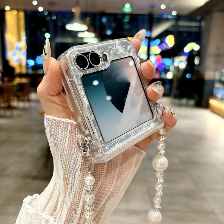 For Samsung Galaxy Z Flip5 Three Parts Pearlescent Shell Texture Phone Case with Bracelet