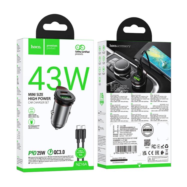 hoco NZ16A Rigorous PD25W and QC3.0 Dual Port Car Charger Set with Type-C to Type-C Cable - Grey
