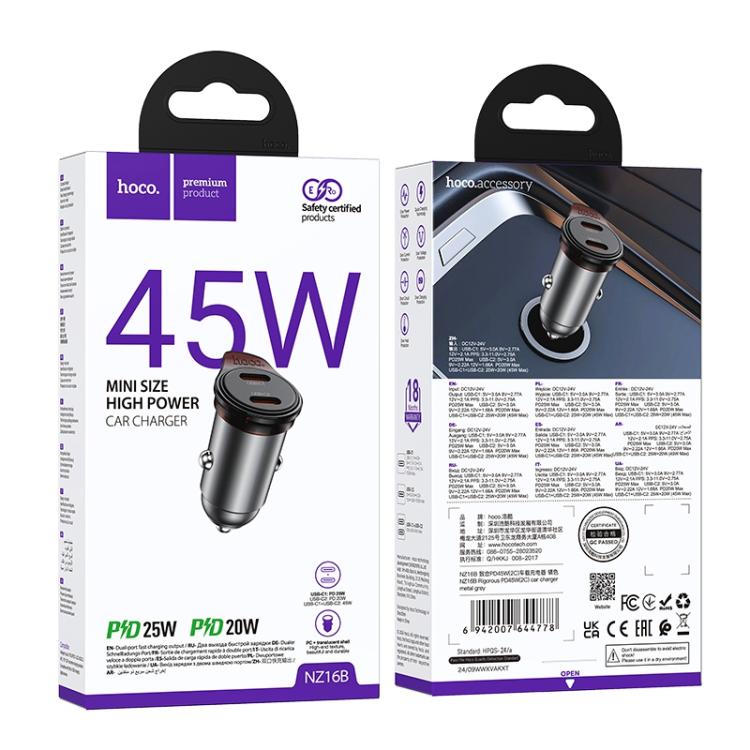 hoco NZ16B Rigorous PD45W USB-C / Type-C Dual Port Car Charger - Grey
