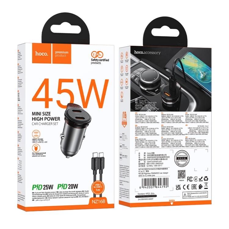 hoco NZ16B Rigorous PD45W USB-C / Type-C Dual Port Car Charger Set with Type-C to Type-C Cable - Grey