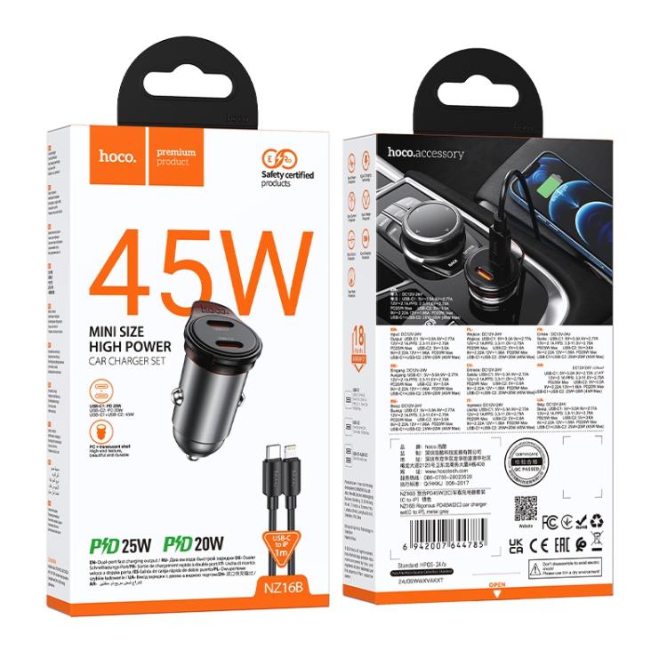 hoco NZ16B Rigorous PD45W USB-C / Type-C Dual Port Car Charger Set with Type-C to 8 Pin Cable - Grey