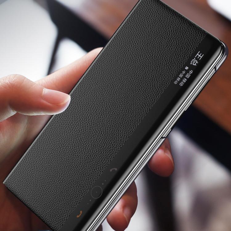 For Huawei Mate X6 Electroplating Litchi Pattern Grain Leather Smart Window MagSafe Phone Leather Case