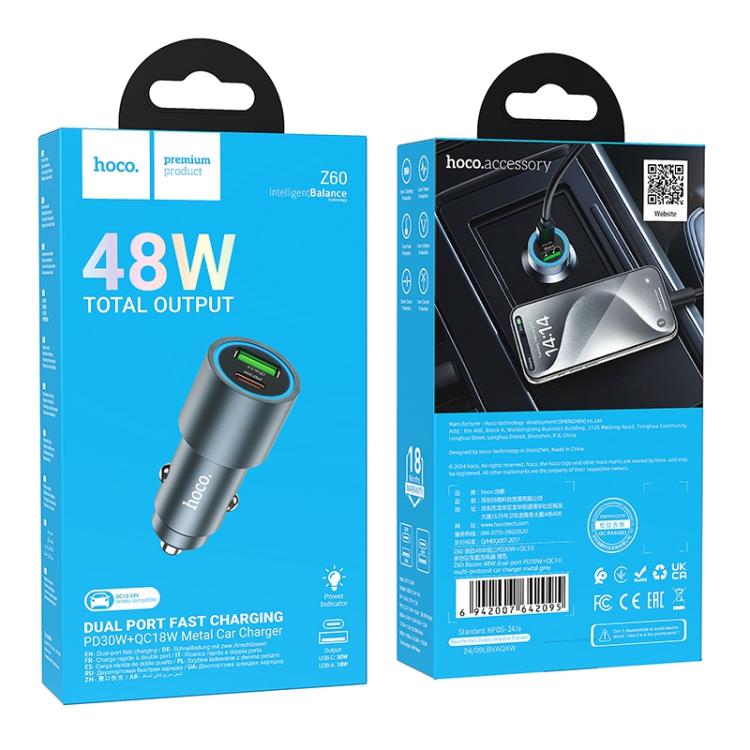 hoco Z60 Bloom PD30W and QC3.0 Dual Port Multi-protocol Car Charger - Metal Gray