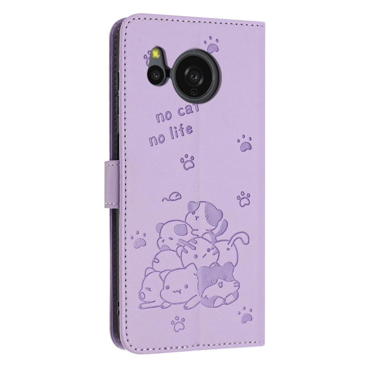 For Sharp Aquos Sense 8 Embossed Kitten Phone Leather Case with Lanyard