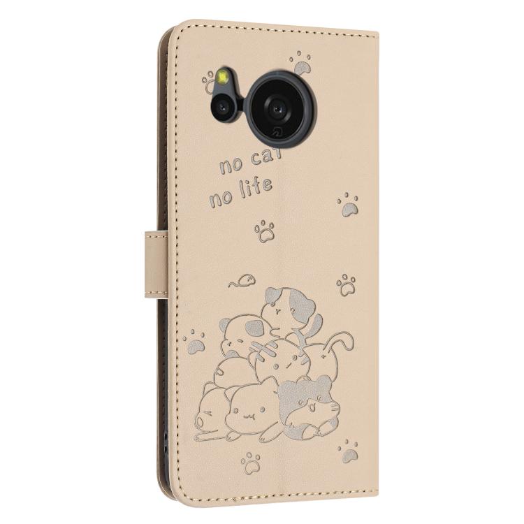 For Sharp Aquos Sense 8 Embossed Kitten Phone Leather Case with Lanyard