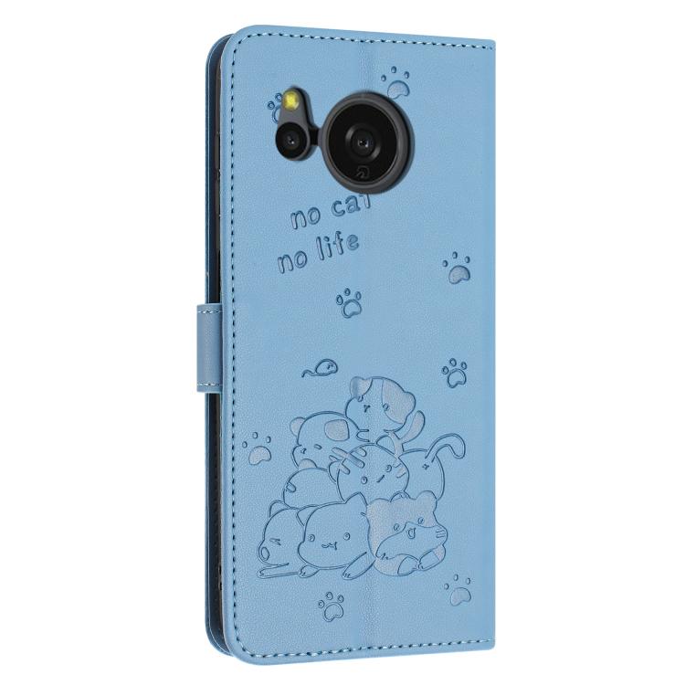 For Sharp Aquos Sense 8 Embossed Kitten Phone Leather Case with Lanyard