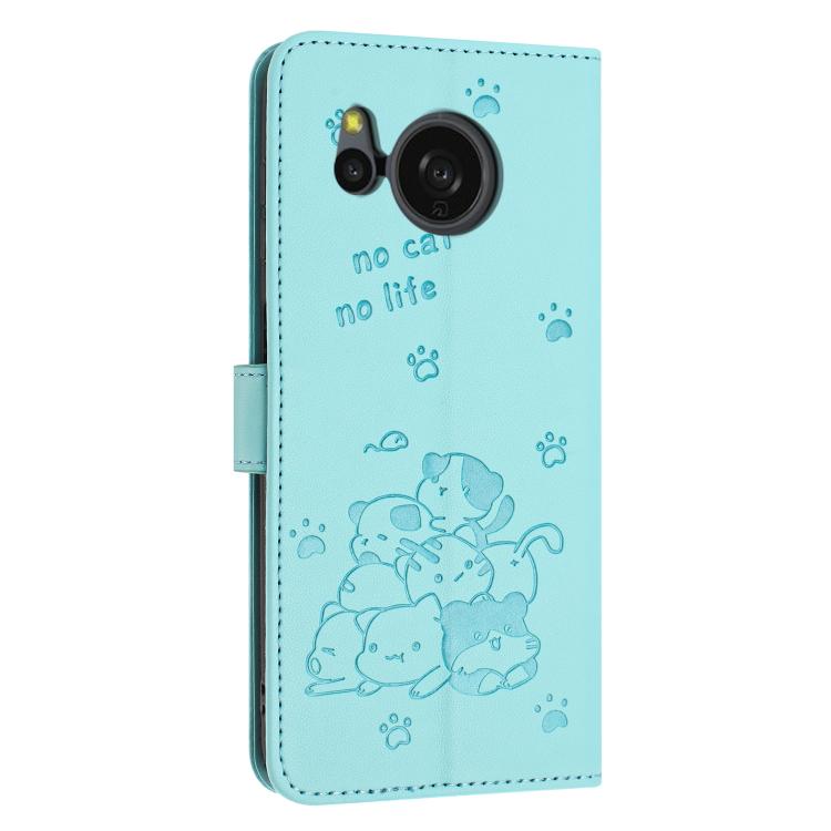 For Sharp Aquos Sense 8 Embossed Kitten Phone Leather Case with Lanyard