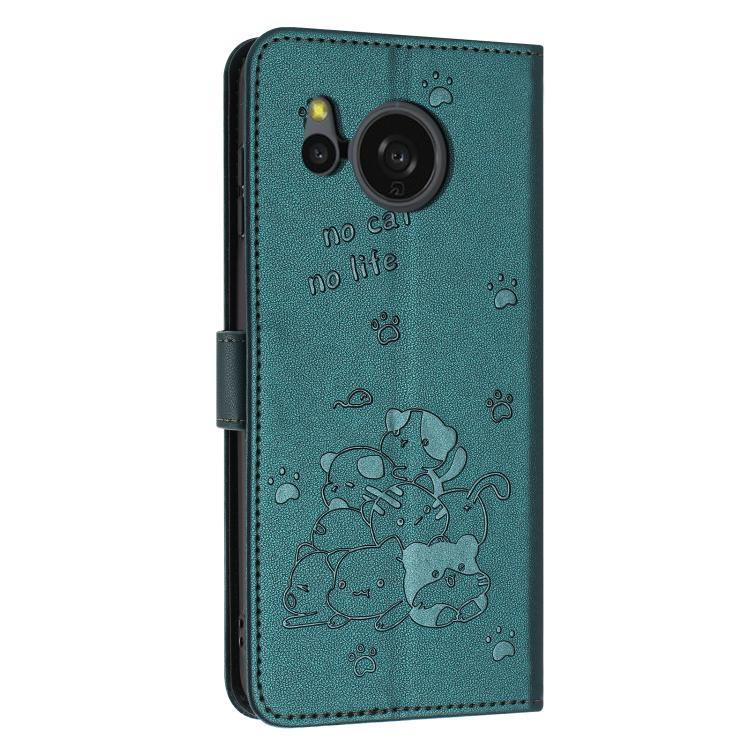For Sharp Aquos Sense 8 Embossed Kitten Phone Leather Case with Lanyard