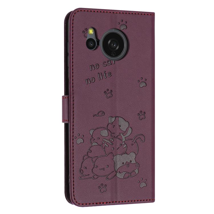 For Sharp Aquos Sense 8 Embossed Kitten Phone Leather Case with Lanyard