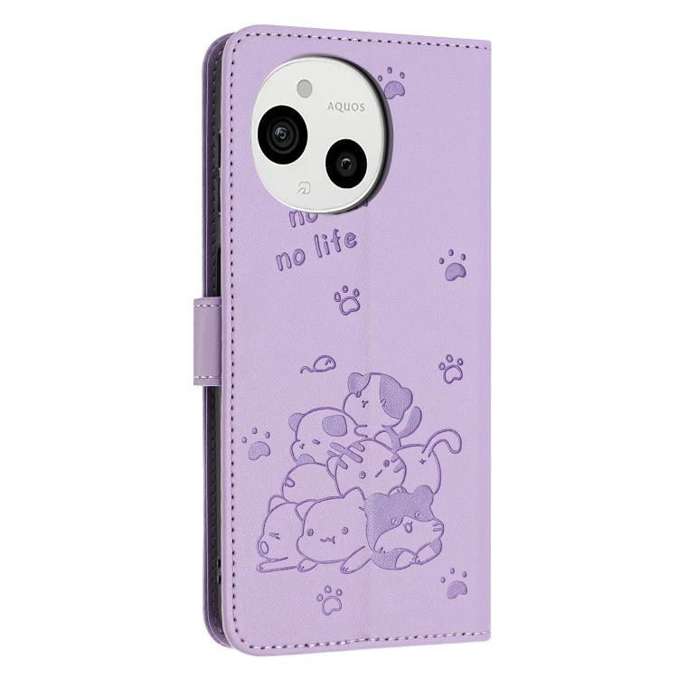 For Sharp Aquos Sense 9 Embossed Kitten Phone Leather Case with Lanyard