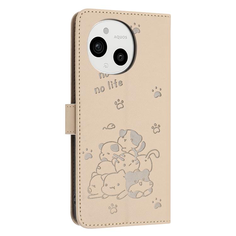 For Sharp Aquos Sense 9 Embossed Kitten Phone Leather Case with Lanyard