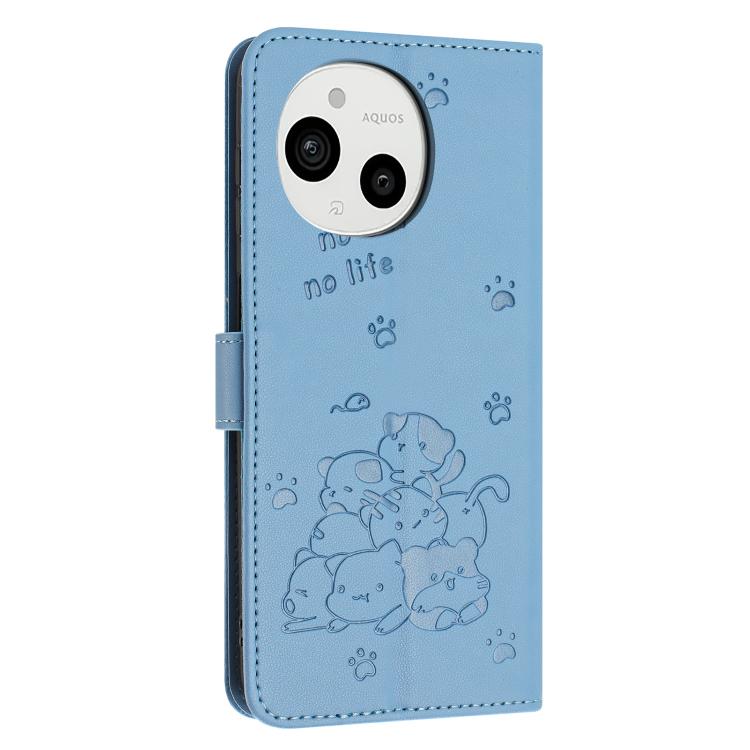 For Sharp Aquos Sense 9 Embossed Kitten Phone Leather Case with Lanyard