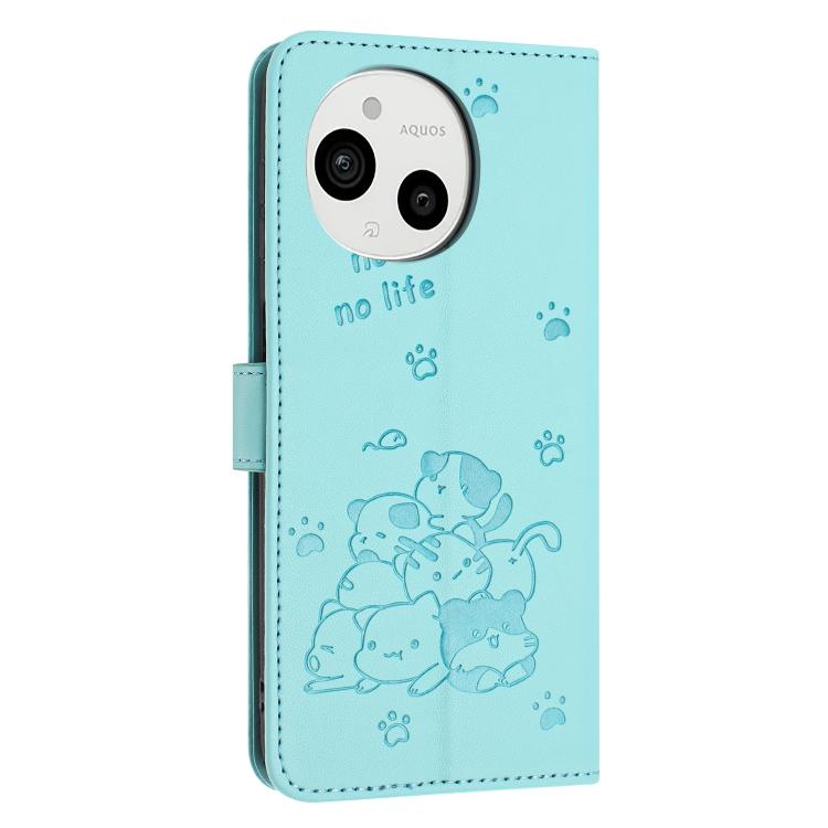 For Sharp Aquos Sense 9 Embossed Kitten Phone Leather Case with Lanyard