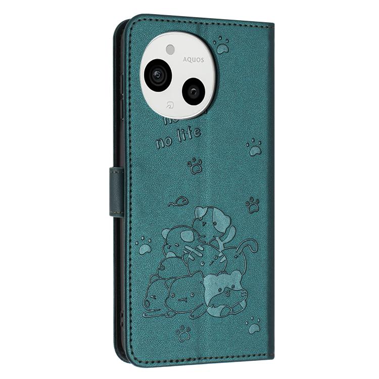 For Sharp Aquos Sense 9 Embossed Kitten Phone Leather Case with Lanyard