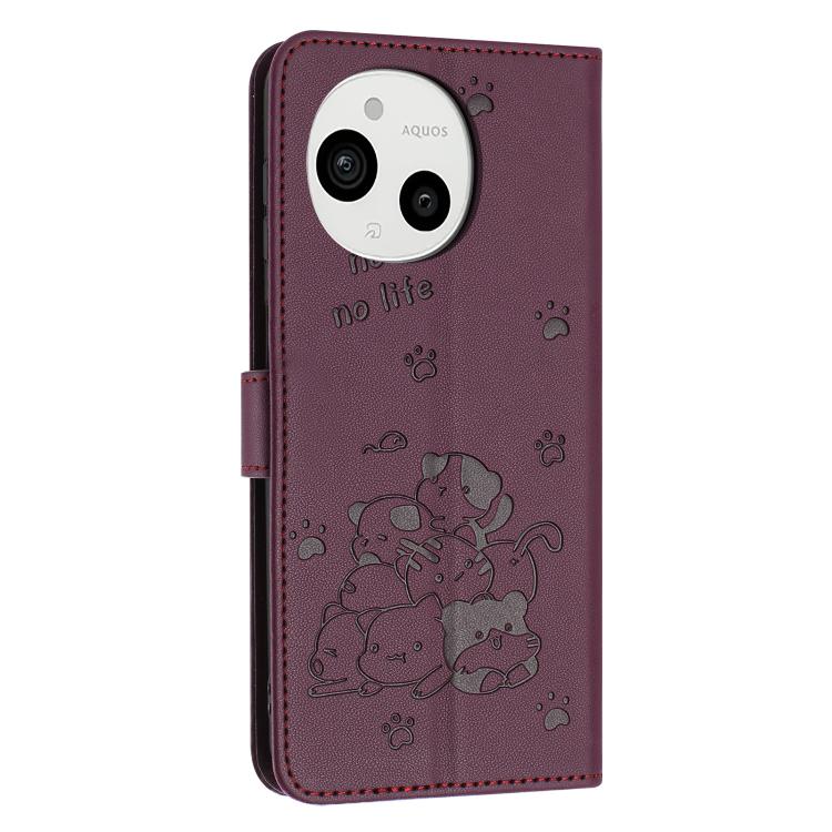 For Sharp Aquos Sense 9 Embossed Kitten Phone Leather Case with Lanyard