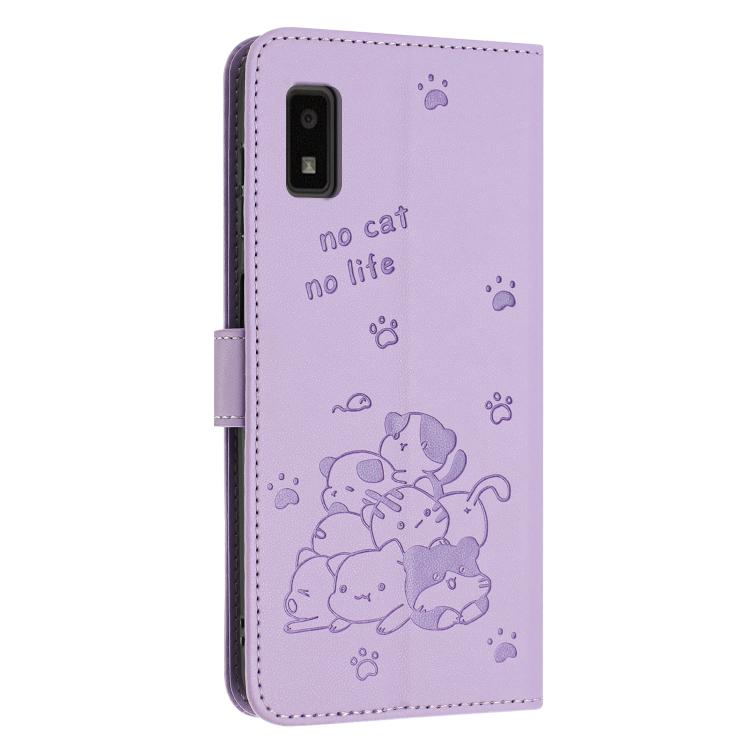 For Sharp Aquos Wish 3 Embossed Kitten Phone Leather Case with Lanyard