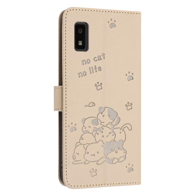 For Sharp Aquos Wish 3 Embossed Kitten Phone Leather Case with Lanyard