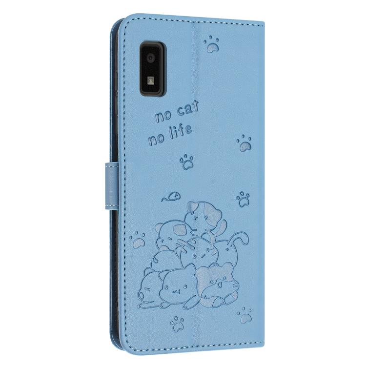 For Sharp Aquos Wish 3 Embossed Kitten Phone Leather Case with Lanyard