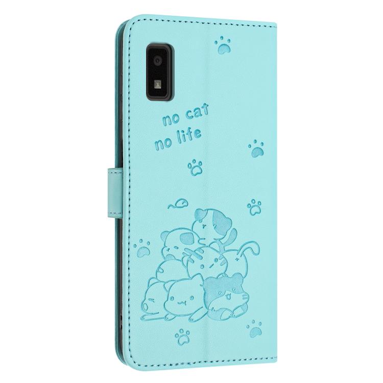 For Sharp Aquos Wish 3 Embossed Kitten Phone Leather Case with Lanyard