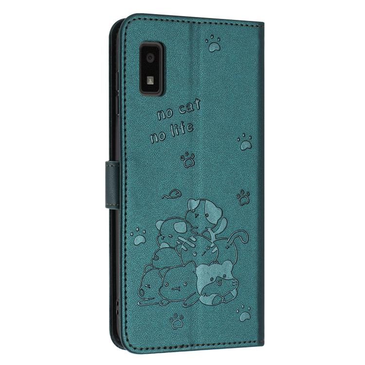 For Sharp Aquos Wish 3 Embossed Kitten Phone Leather Case with Lanyard