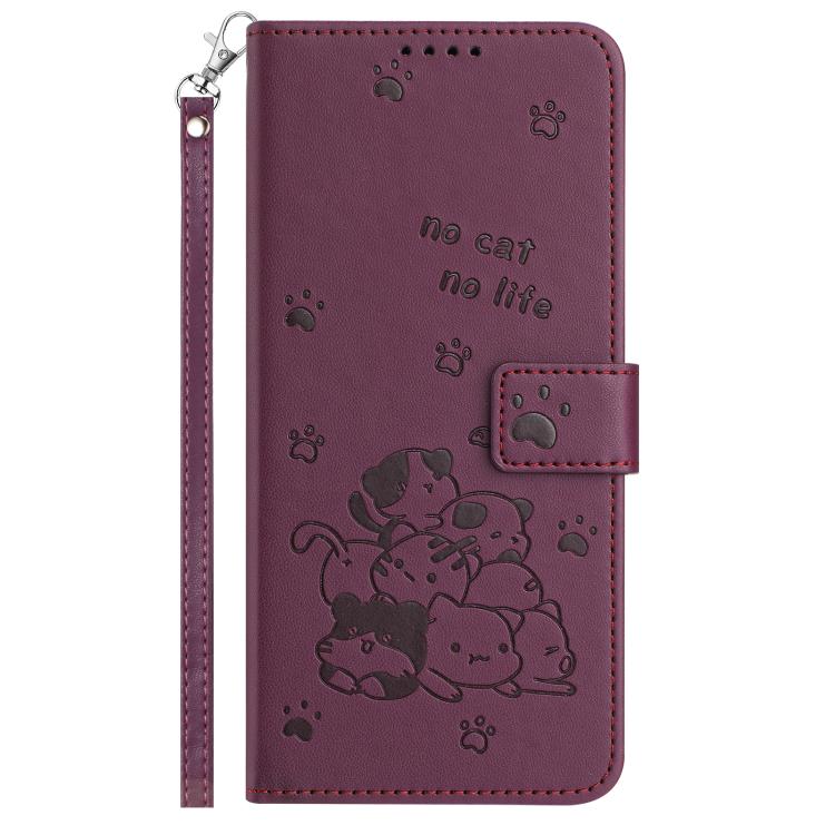 For Sharp Aquos Wish 3 Embossed Kitten Phone Leather Case with Lanyard