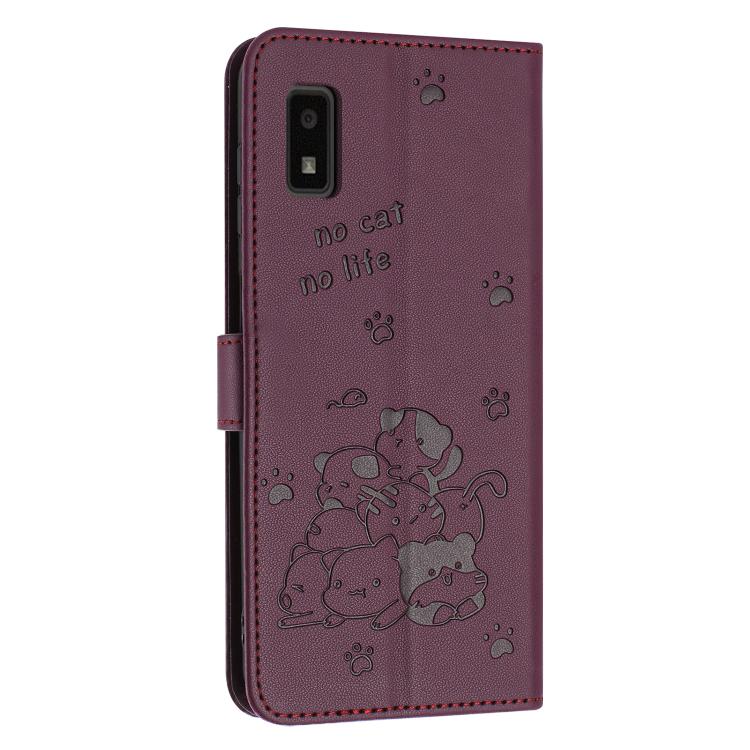 For Sharp Aquos Wish 3 Embossed Kitten Phone Leather Case with Lanyard