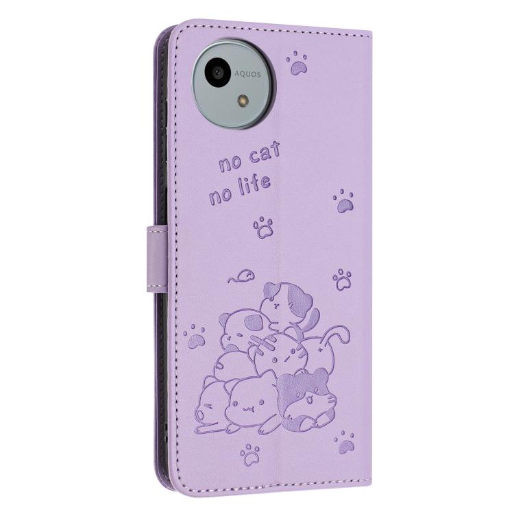 For Sharp Aquos wish4 SH-52E Embossed Kitten Phone Leather Case with Lanyard