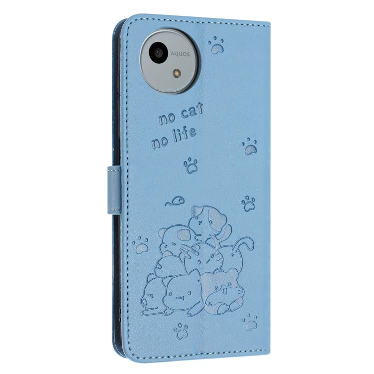 For Sharp Aquos wish4 SH-52E Embossed Kitten Phone Leather Case with Lanyard