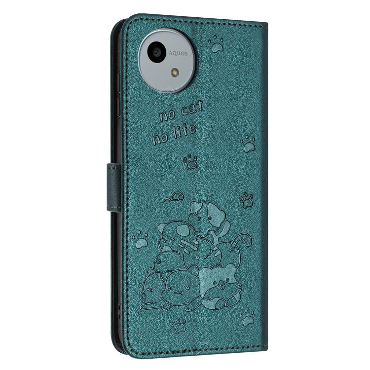 For Sharp Aquos wish4 SH-52E Embossed Kitten Phone Leather Case with Lanyard