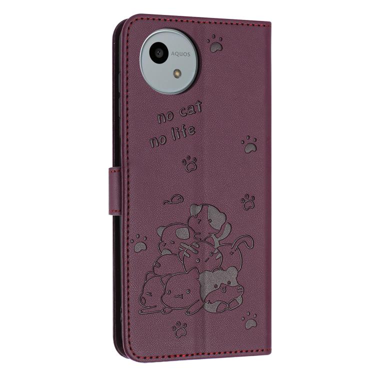 For Sharp Aquos wish4 SH-52E Embossed Kitten Phone Leather Case with Lanyard