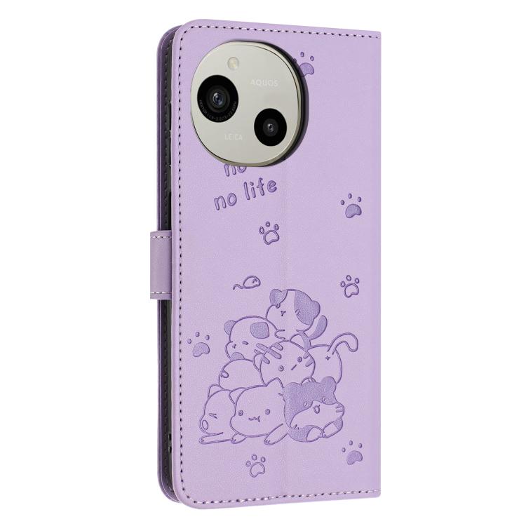For Sharp Aquos R10 / R9 Embossed Kitten Phone Leather Case with Lanyard