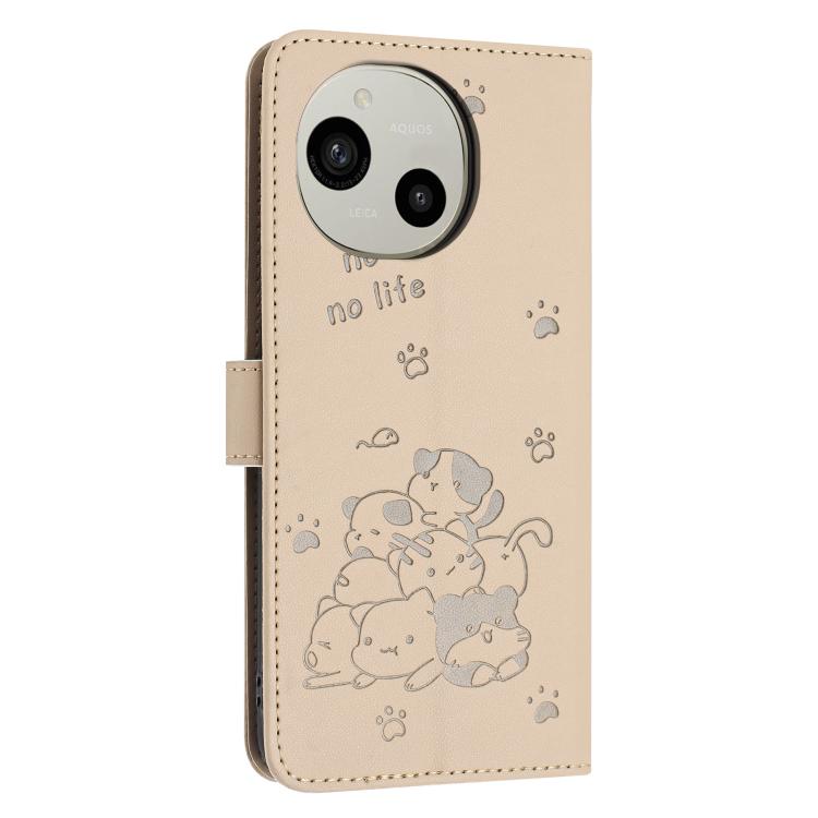 For Sharp Aquos R10 / R9 Embossed Kitten Phone Leather Case with Lanyard