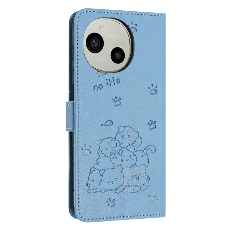 For Sharp Aquos R10 / R9 Embossed Kitten Phone Leather Case with Lanyard
