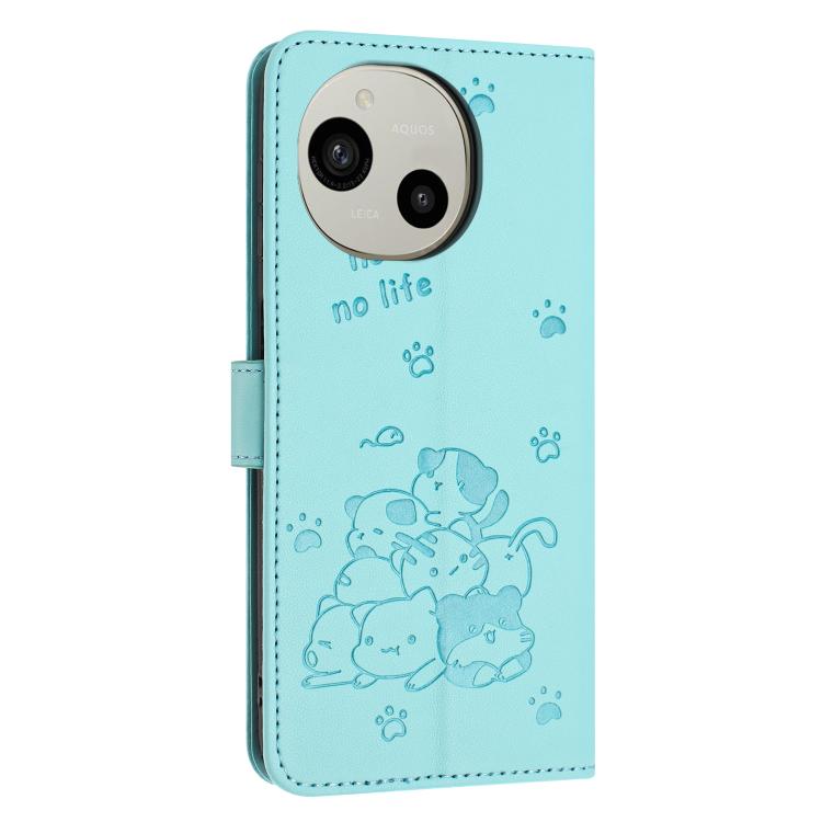 For Sharp Aquos R10 / R9 Embossed Kitten Phone Leather Case with Lanyard