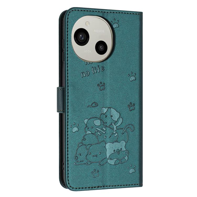 For Sharp Aquos R10 / R9 Embossed Kitten Phone Leather Case with Lanyard