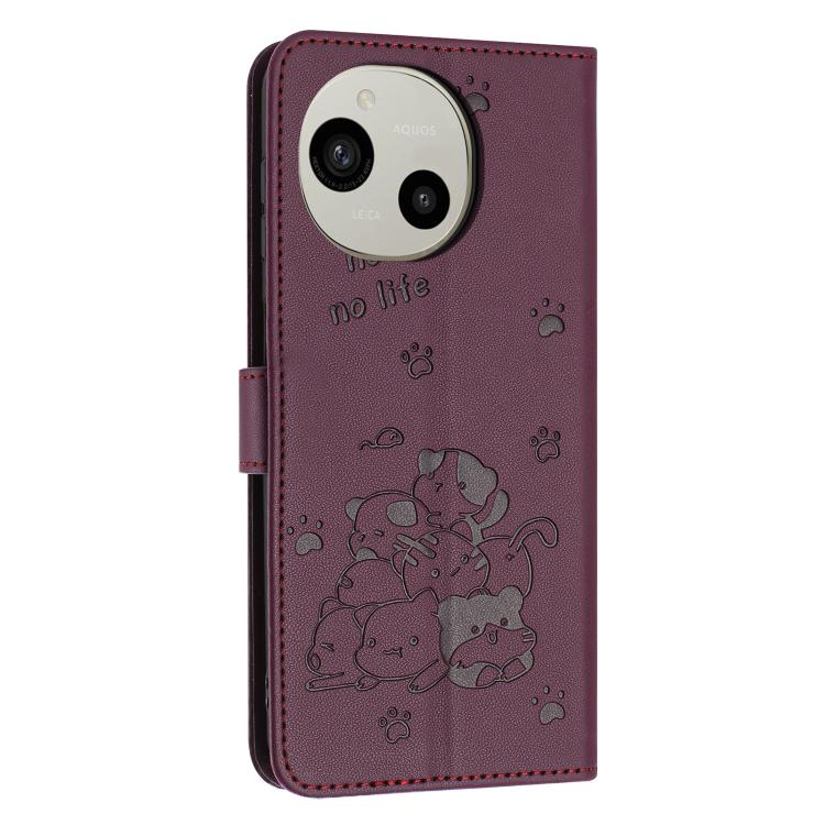 For Sharp Aquos R10 / R9 Embossed Kitten Phone Leather Case with Lanyard