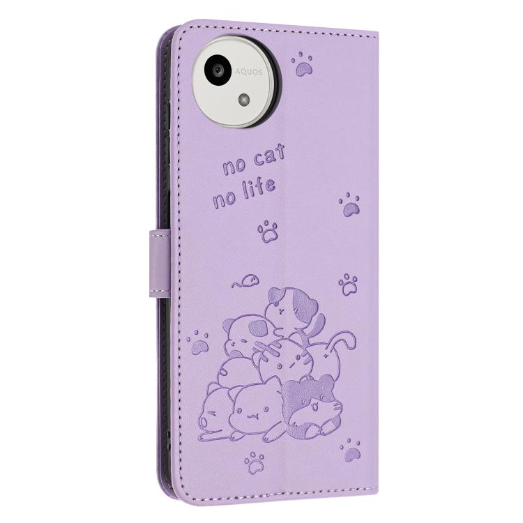 For Sharp Aquos wish5 Embossed Kitten Phone Leather Case with Lanyard