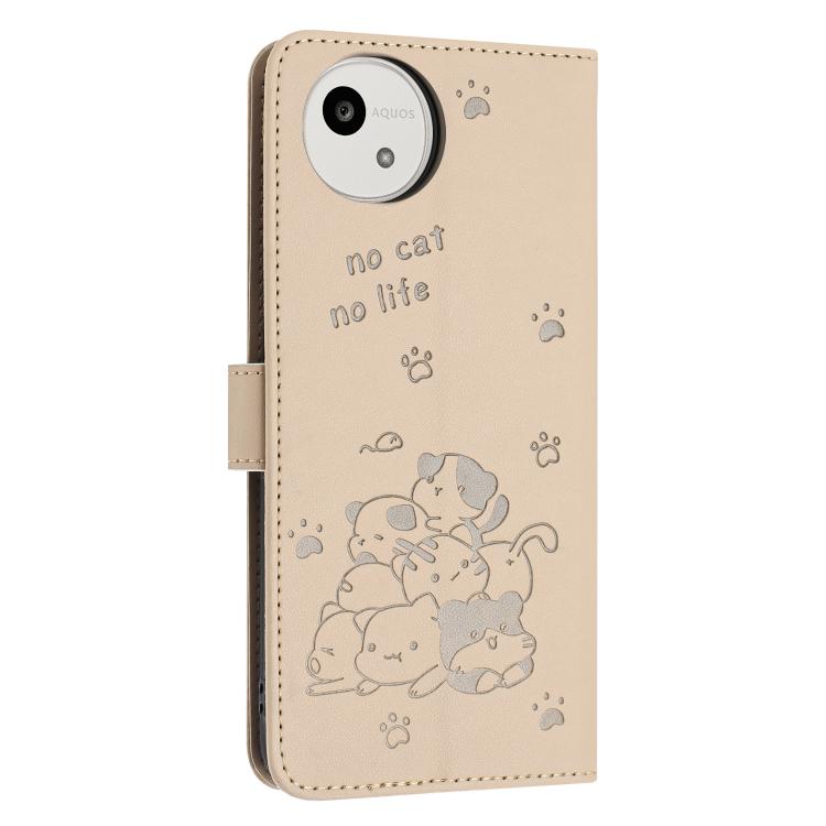 For Sharp Aquos wish5 Embossed Kitten Phone Leather Case with Lanyard