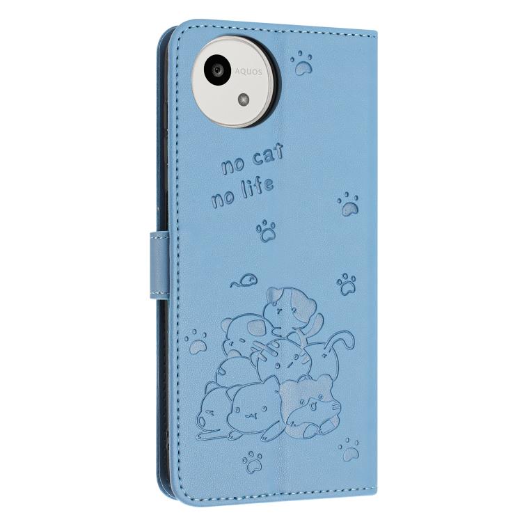 For Sharp Aquos wish5 Embossed Kitten Phone Leather Case with Lanyard