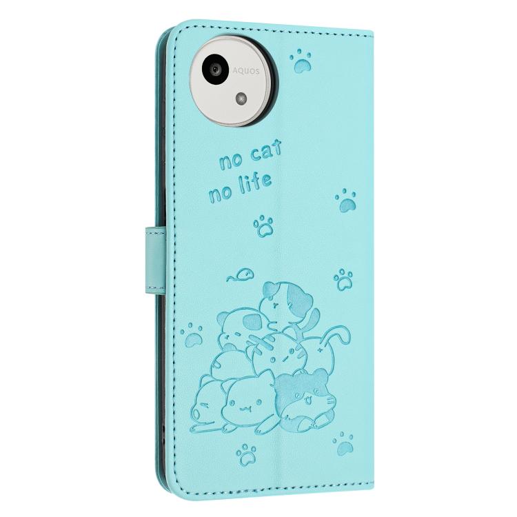 For Sharp Aquos wish5 Embossed Kitten Phone Leather Case with Lanyard