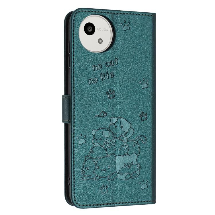 For Sharp Aquos wish5 Embossed Kitten Phone Leather Case with Lanyard