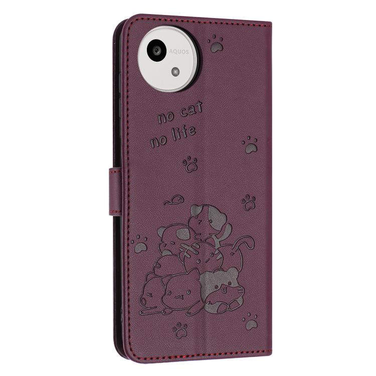 For Sharp Aquos wish5 Embossed Kitten Phone Leather Case with Lanyard