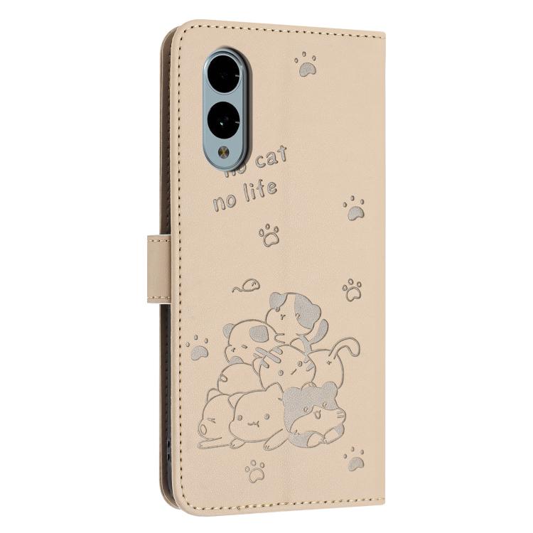 For Fujitsu Arrows We2 Plus F-51E Embossed Kitten Phone Leather Case with Lanyard