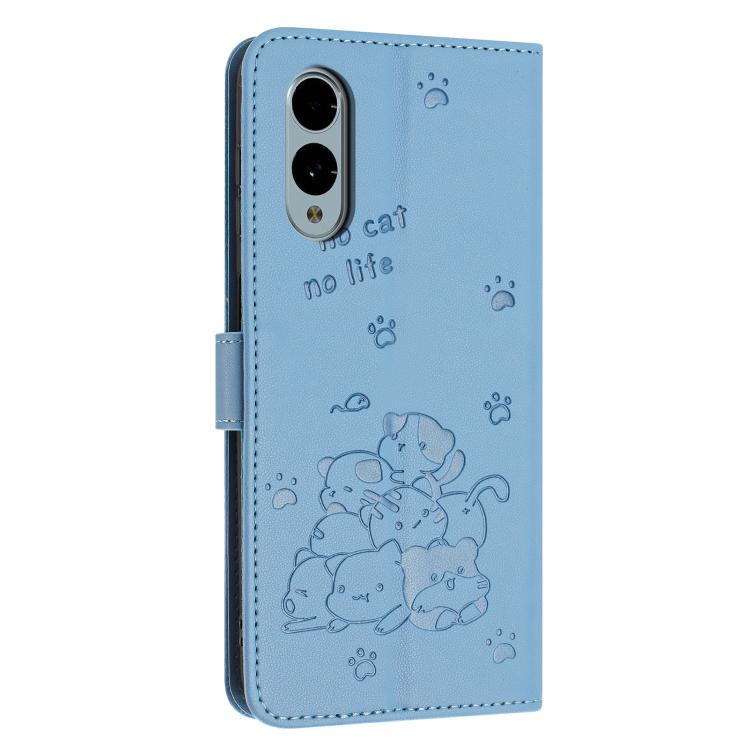 For Fujitsu Arrows We2 Plus F-51E Embossed Kitten Phone Leather Case with Lanyard
