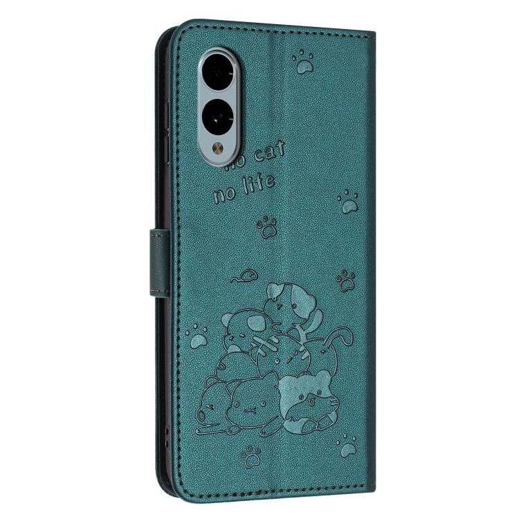 For Fujitsu Arrows We2 Plus F-51E Embossed Kitten Phone Leather Case with Lanyard