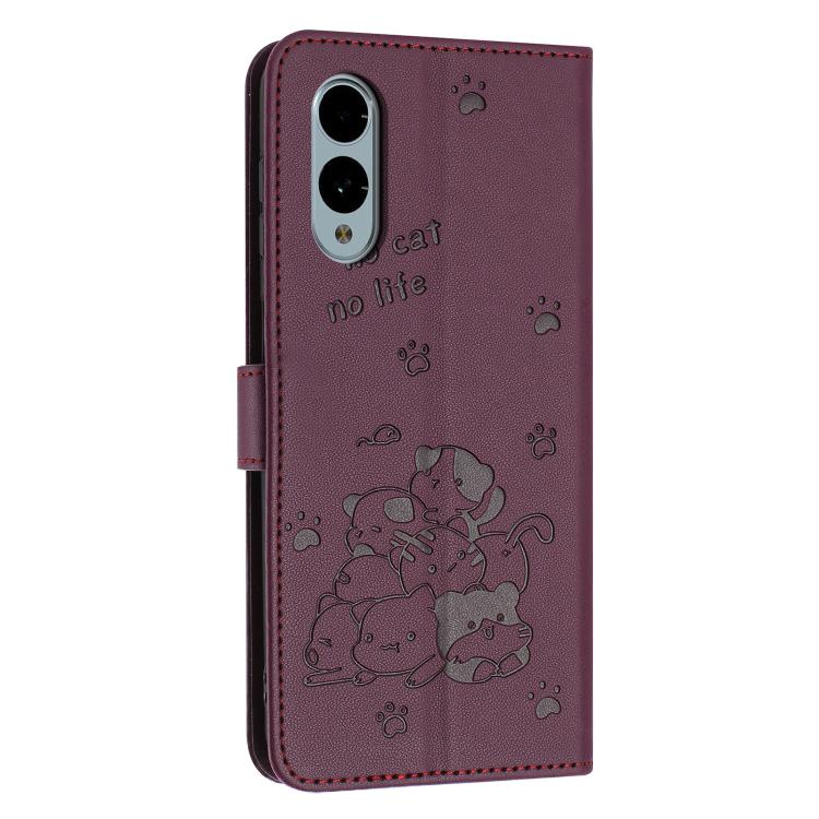 For Fujitsu Arrows We2 Plus F-51E Embossed Kitten Phone Leather Case with Lanyard