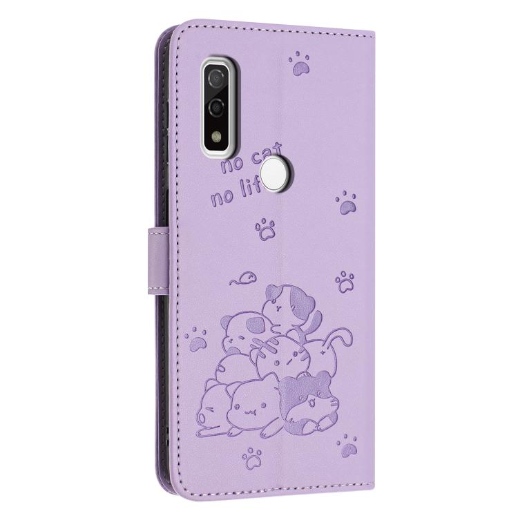 For Fujitsu Arrows We F-51B Embossed Kitten Phone Leather Case with Lanyard