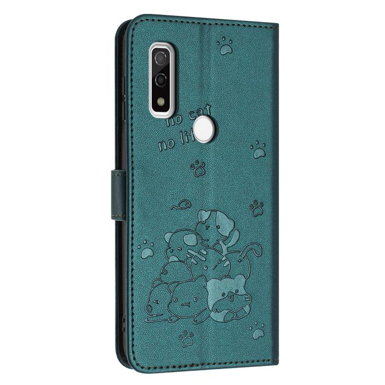 For Fujitsu Arrows We F-51B Embossed Kitten Phone Leather Case with Lanyard