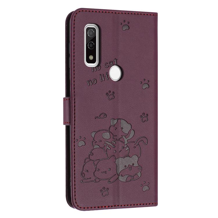 For Fujitsu Arrows We F-51B Embossed Kitten Phone Leather Case with Lanyard